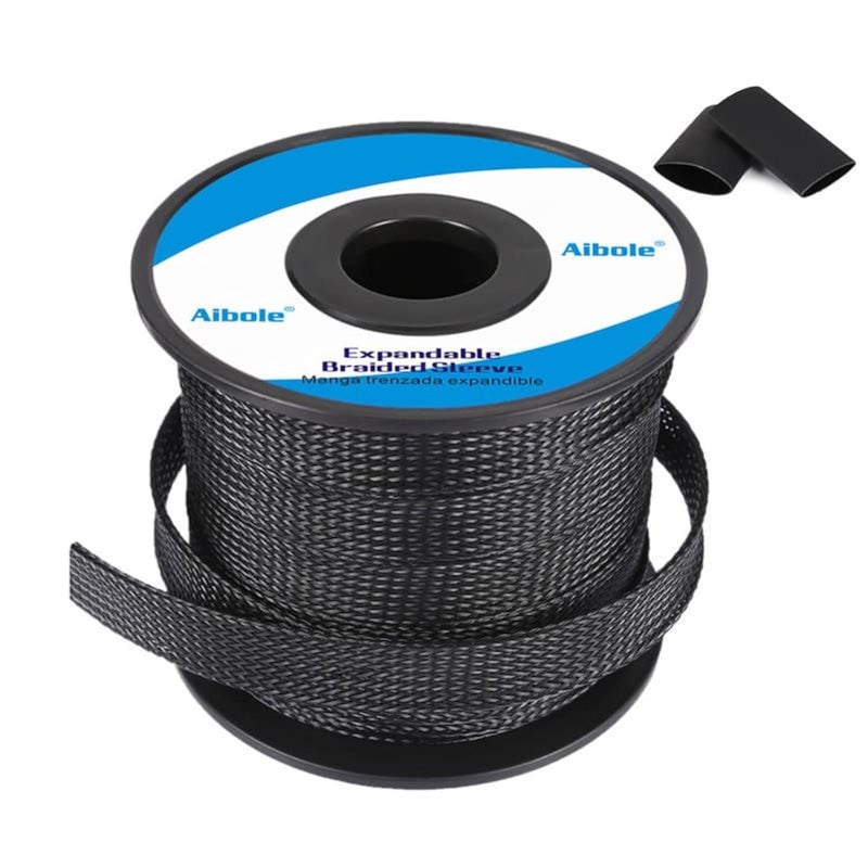 Aibole 100Ft-1/8inch PET Expandable Braided Wire Sleeving,Wire Loom Cable Sleeve for TV,Computer,Home Theater,Automotive,Home Industrial,Electrical Wires,Chemical,Protect Cat from Chewing Cords,Black - Image 1